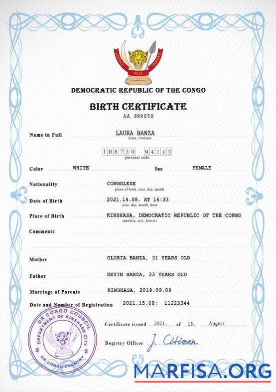 Realistic Democratic Republic of the Congo vital record birth certificate PSD template